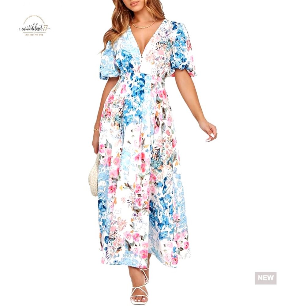 Summer Floral Maxi Dress Wedding Guest Casual V-Neck Short Sleeve